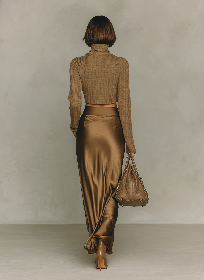 Women's Fashionable Gold-brown Turtleneck Long-sleeved Knit Top Paired With A Satin Midi Skirt MDA0982L5AN