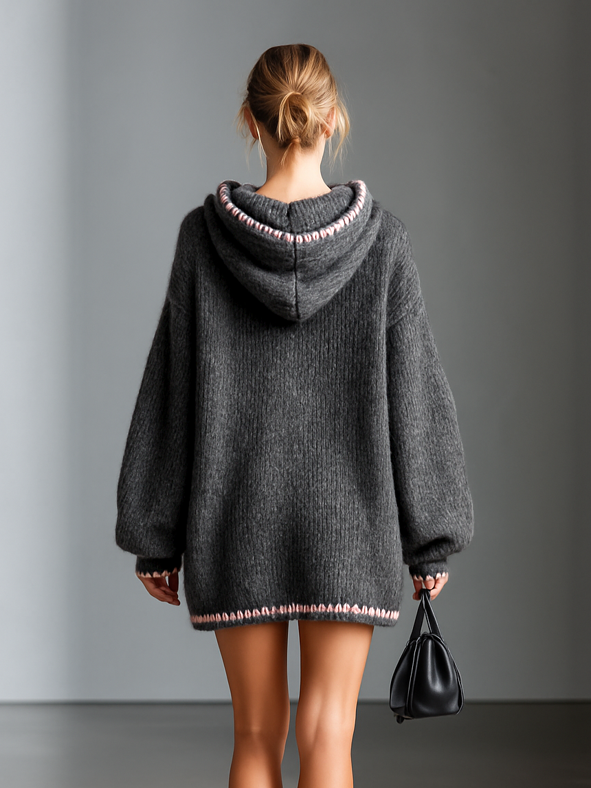 Women's Loose Hooded Pink Trimmed Knit Mini Dress MDA0255I8Y