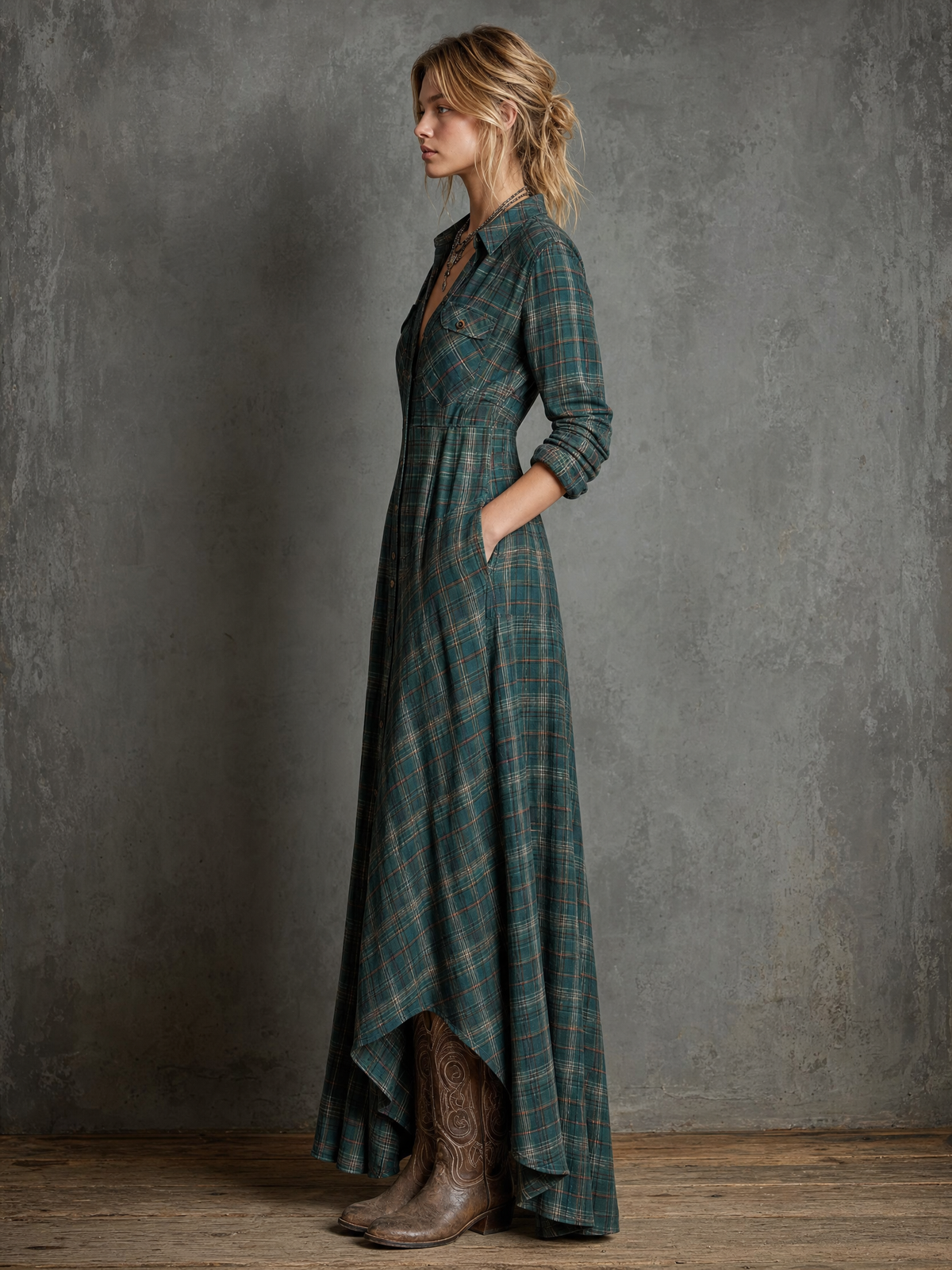 Women's Plaid Lapel Single-Breasted Shirt Maxi Dress MDA1249H1Y