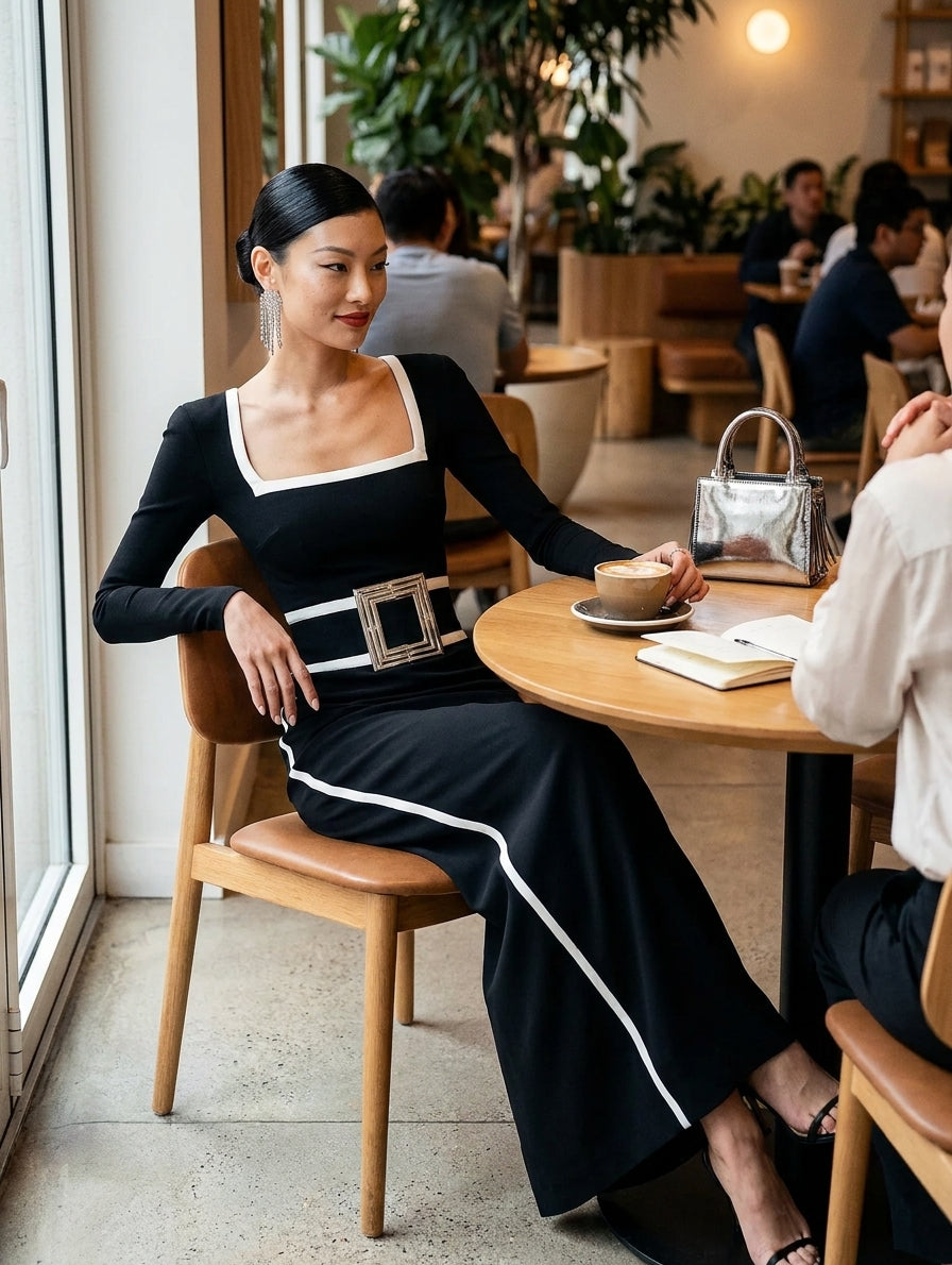 Women's Black And White Trim Square Neck Long Sleeve Tight Maxi Dress MDA1698G8Y
