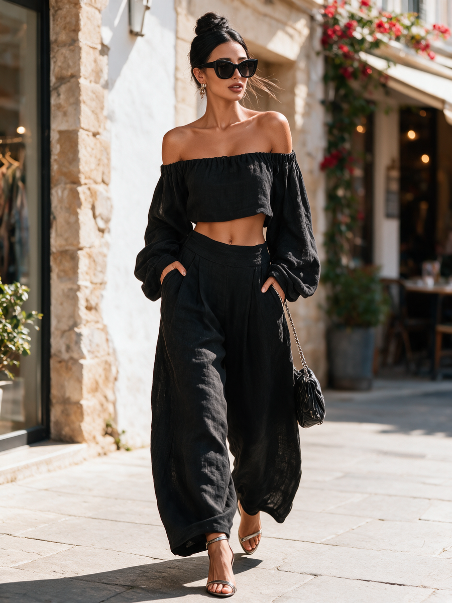 Women's Minimalist Linen Blend Strapless Long-sleeved Blouse And Wide-leg Pants Set MDA1900L7Y