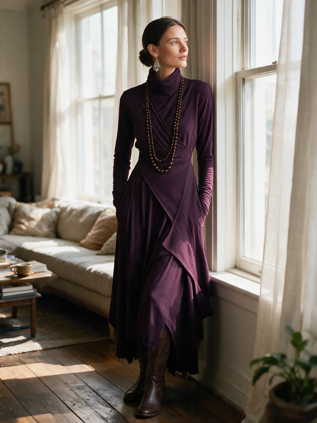 Women's Purple Bohemian Cotton Stretch Turtleneck Asymmetrical Draped Maxi Dress MDA2055J9I