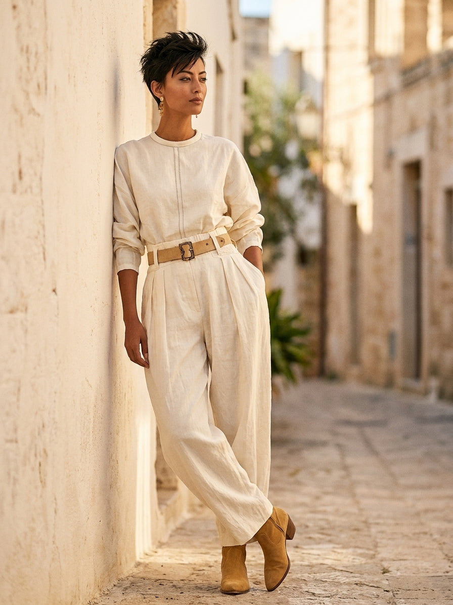 Women's Fashion Cotton And Linen Blend Crew Neck Long Sleeve Shirt Loose Trousers Set (belt Not Included)MDA2555G6Y