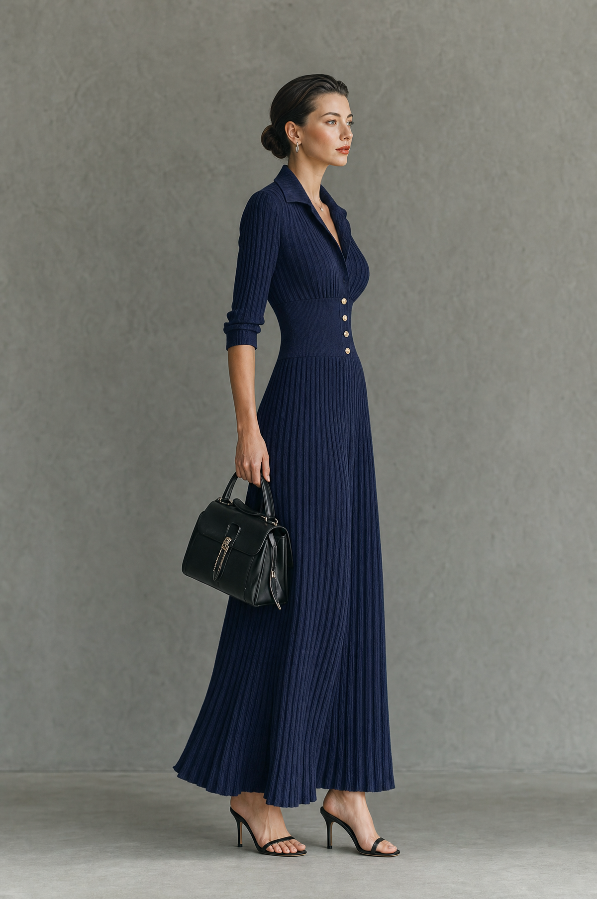Women's Elegant Button-Front Collared Pleated Knit Dress MDZ0607H5WY