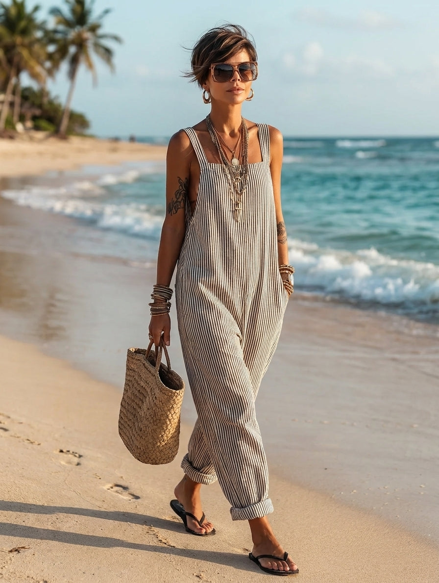 Women's Minimalist Striped Loose-Fit Square-Neck Sleeveless Jumpsuit MDZ1052D7Y