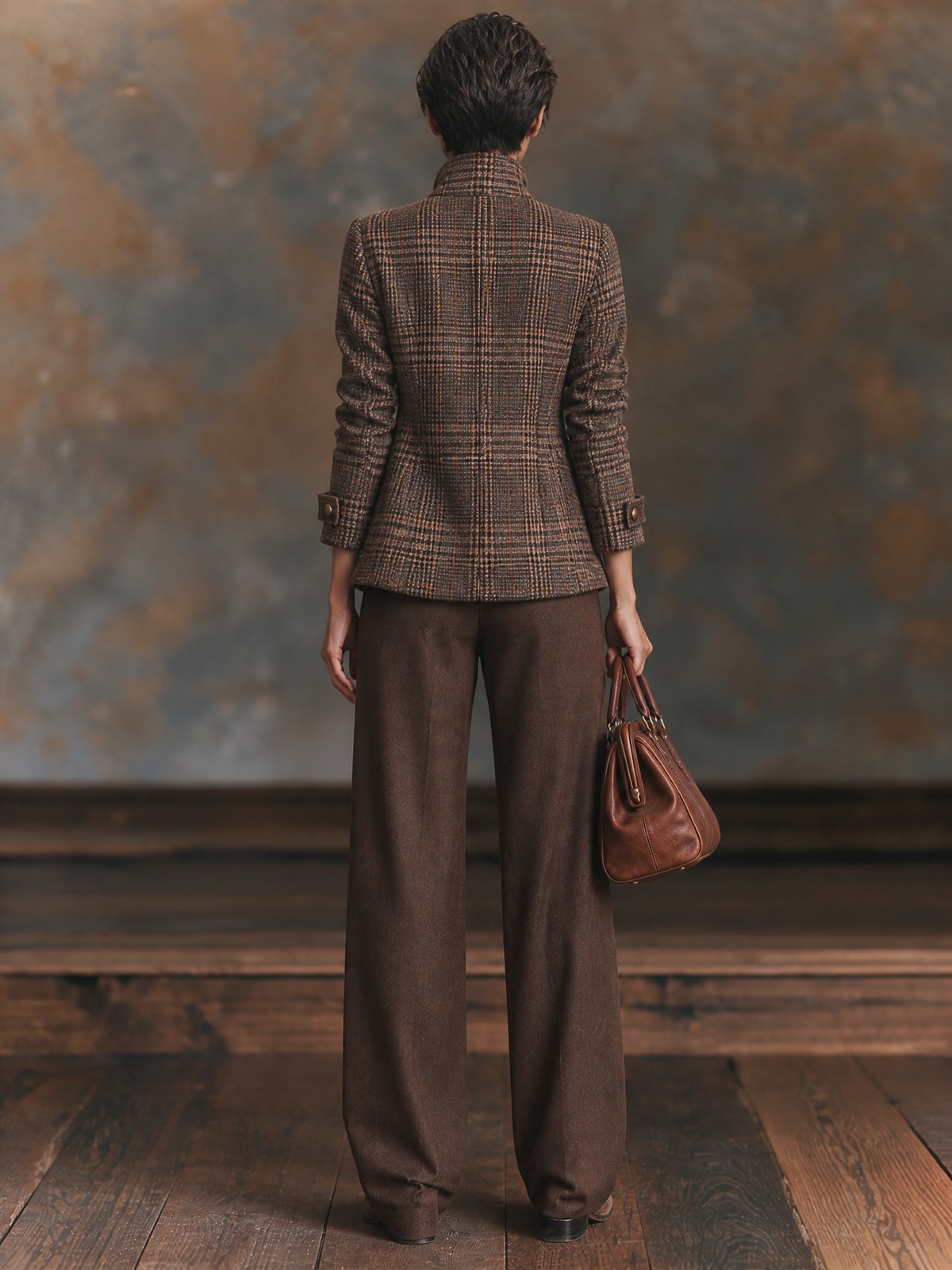 Women's Vintage Plaid Wool-Blend Zip-Up Jacket With Stand Collar