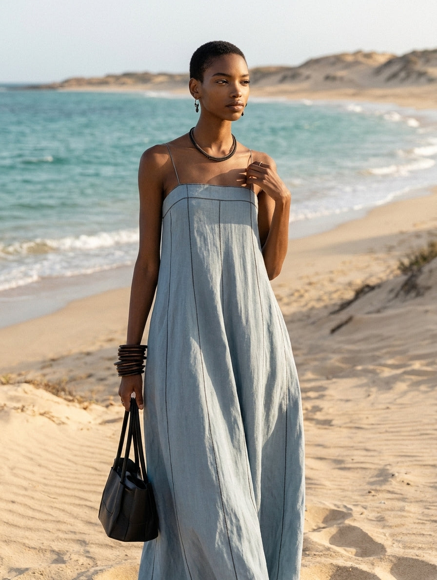 Women's Casual Blue Cotton-linen Sleeveless Camisole Maxi Dress MDZ1660F0LXY