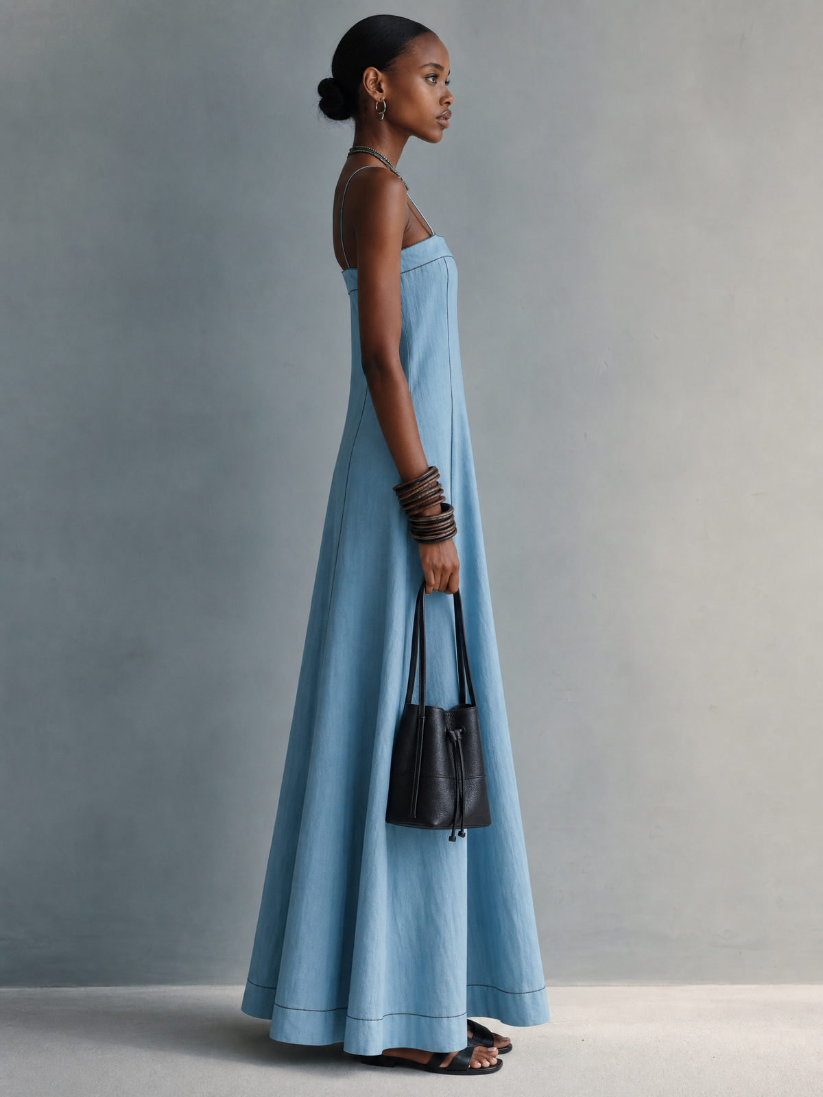 Women's Casual Blue Cotton-linen Sleeveless Camisole Maxi Dress MDZ1660F0LXY