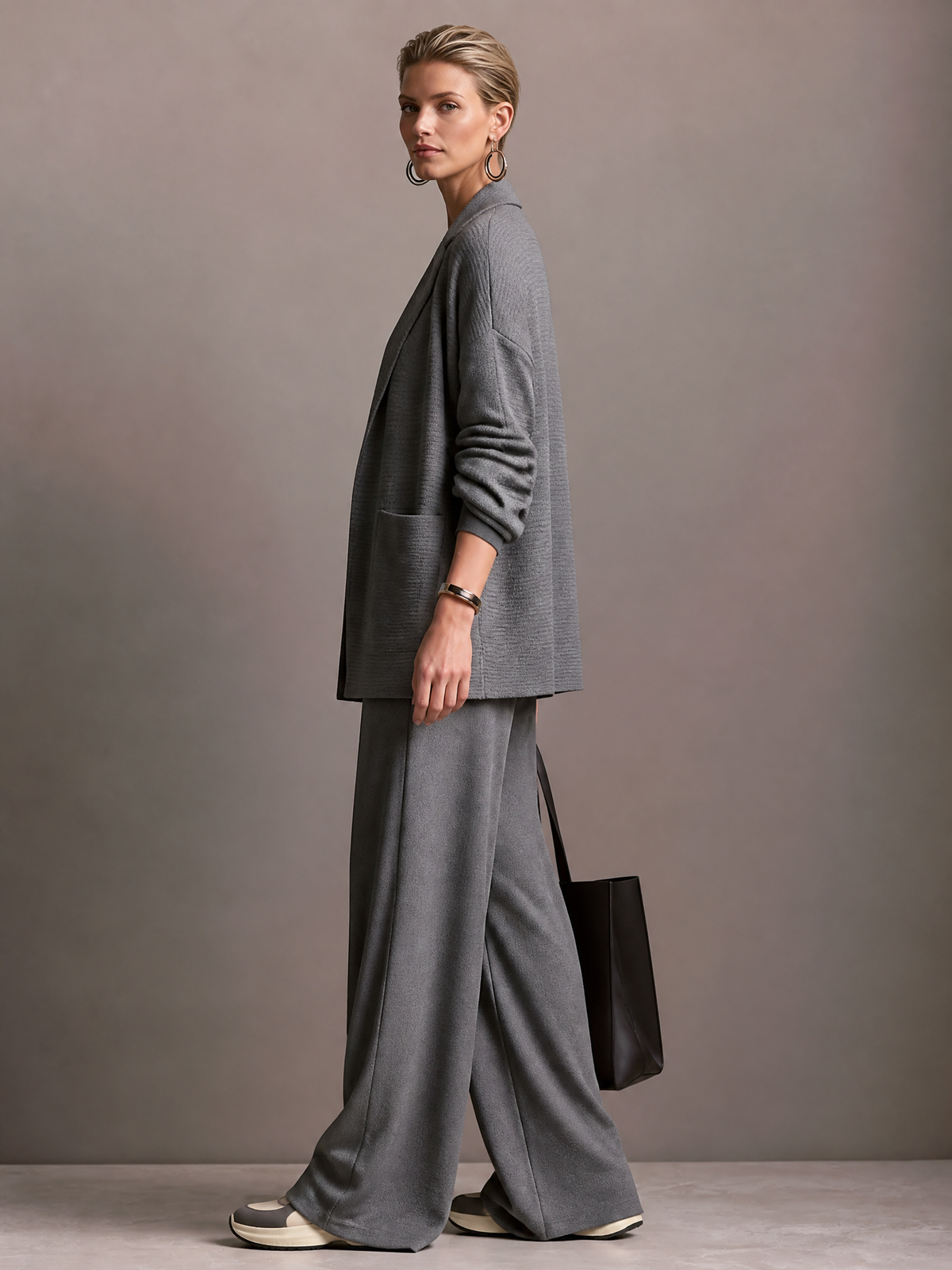 Women's Peak-Lapel Drop-Shoulder Patch-Pocket Open-Front Wool-Knit Cardigan