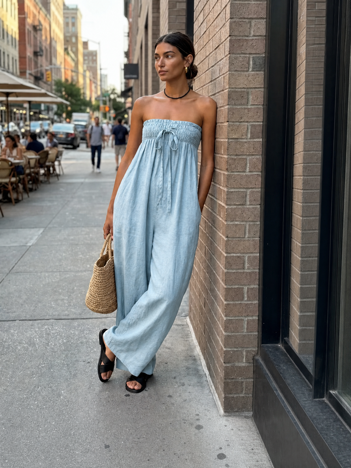 Women's Minimalist Loose-fitting Linen Blend Strapless Jumpsuit With Tie Closure MDZ2024A9Y