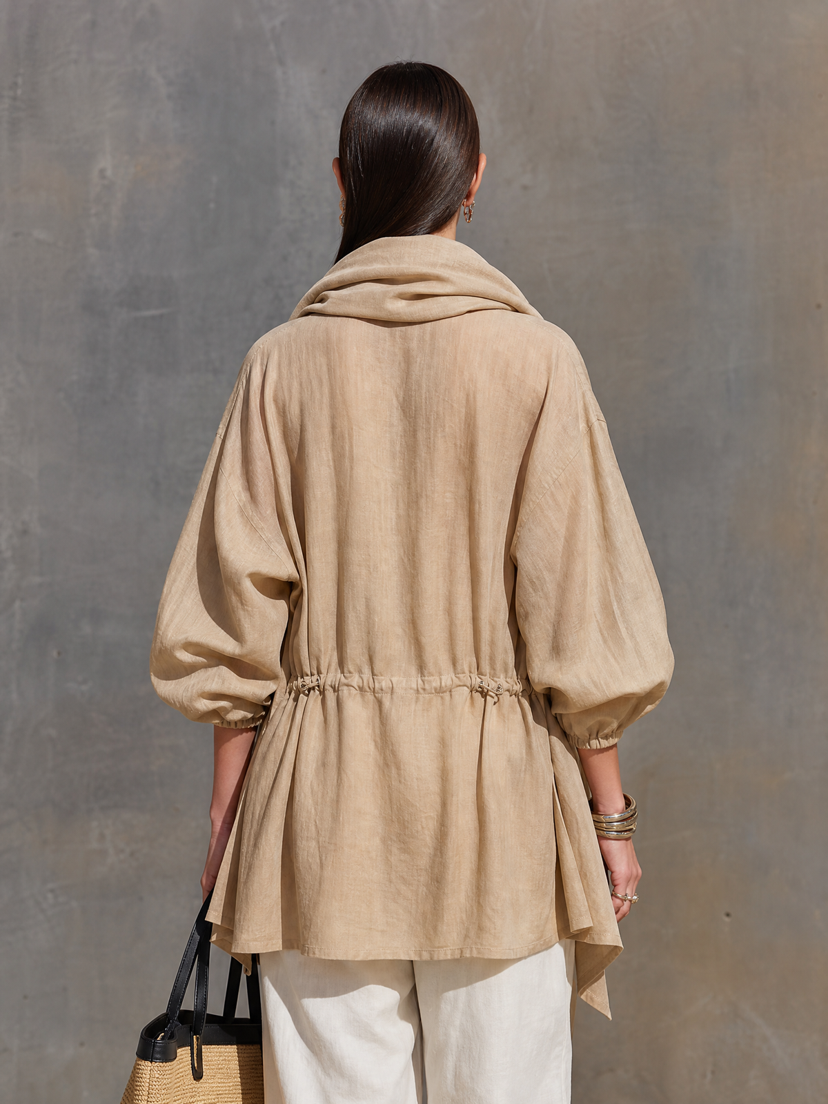 Women's Khaki Tencel Sheer Jacket With Lapel Collar Balloon Three Quarter Sleeves & Waist Drawstring, Minimalist Resort Lightweight Oversized Outerwear MDZ2240G0LYL