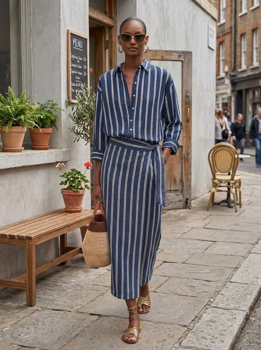 Women's Royal Blue White Stripe Cotton-Blend Co-Ord With Button Front Blouse & Elastic Waist Straight Maxi Skirt, Effortless-Chic Summer Daily Outfit MDZ2304F8LYL