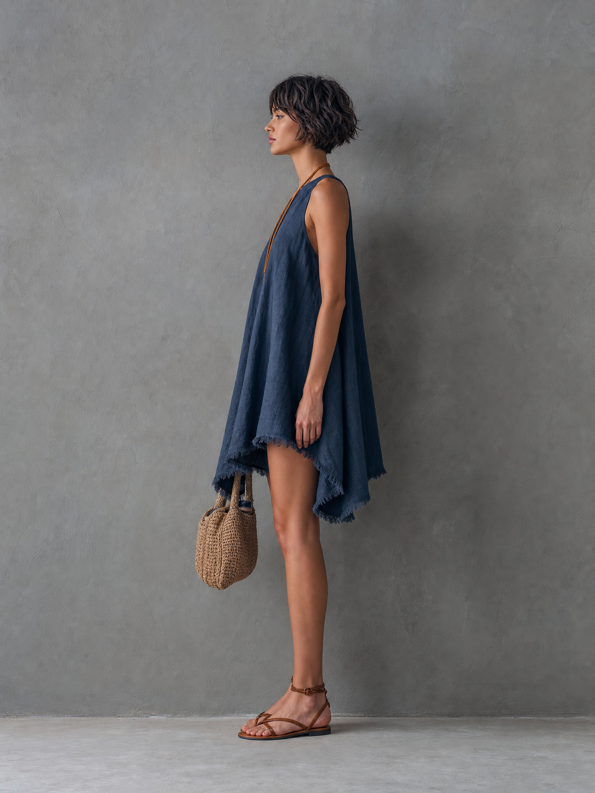 Women's Minimalist Linen-Blend One-Shoulder Sleeveless Mini Dress With Frayed Hem MDZ2597E0Y