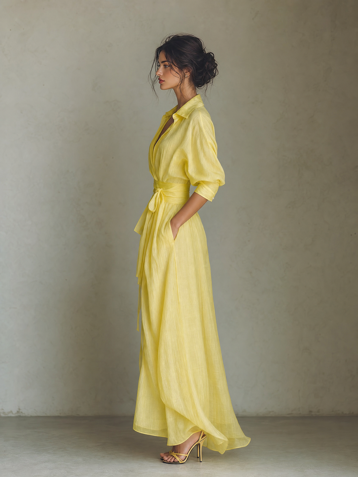 Women's Lemon Yellow Cotton And Linen Blend Maxi Shirt Dress With Tie Waist & Half Sleeves MDZ2884A4T