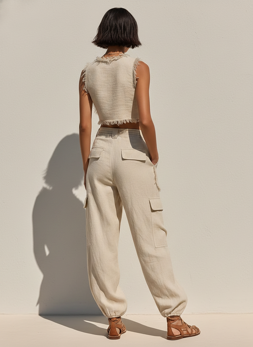 Women's Beige Linen-Blend Two-Piece Set With Frayed Crop Tank & Cargo Joggers, Timeless Casual Summer Outfit MDZ2979E8LYL