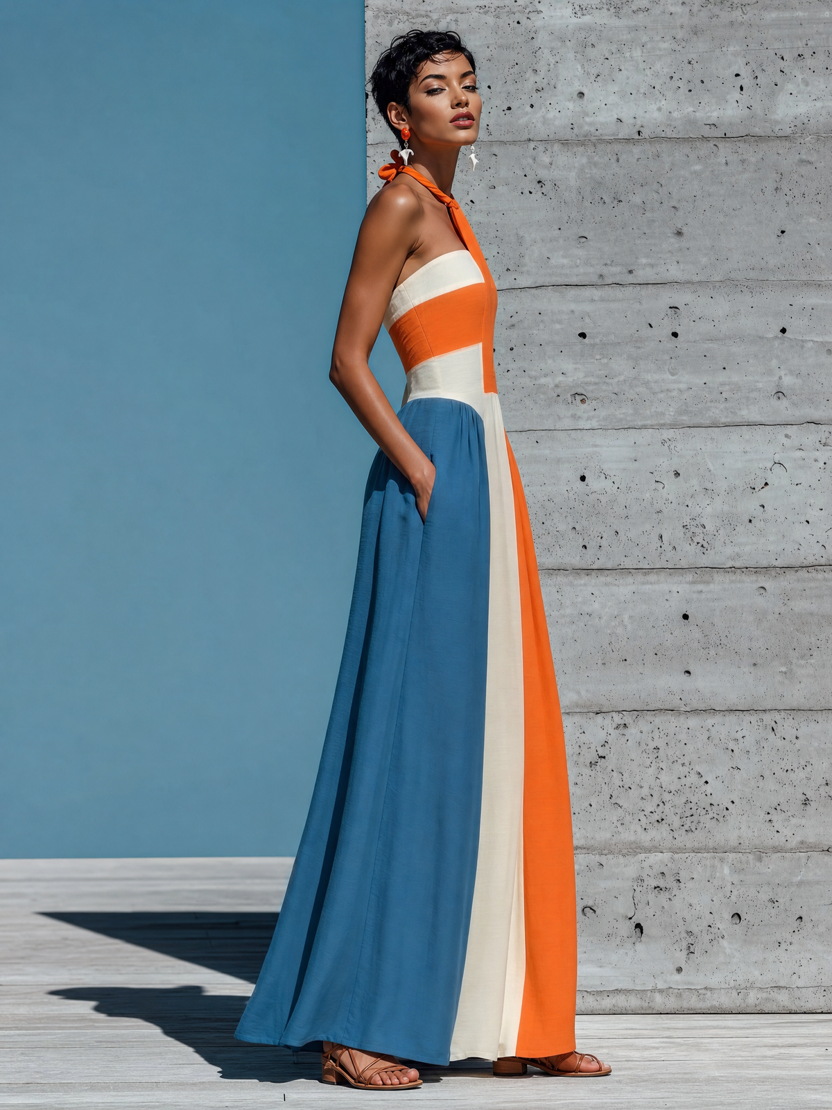 Women’s Orange White Blue Color Block Halter Keyhole Strapless Smocked Bodice Pleated Maxi Dress MDZ2980F6T