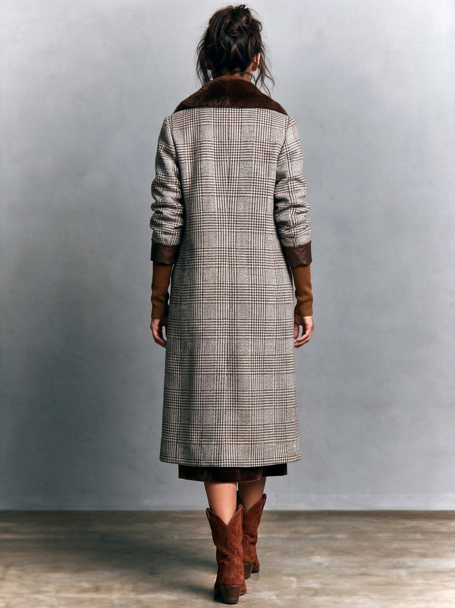 Women's Vintage Plaid Wool-Blend Coat With Leather Trim (Detachable Fur Collar)