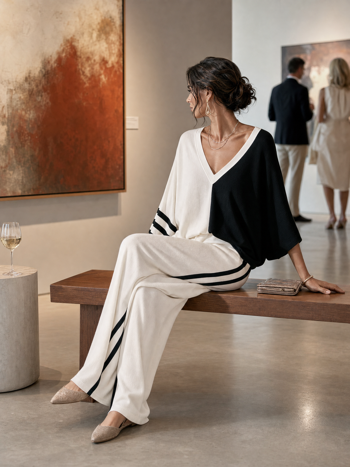 Women's Color-Blocked Casual Sweater And Wide-Leg Pants Set