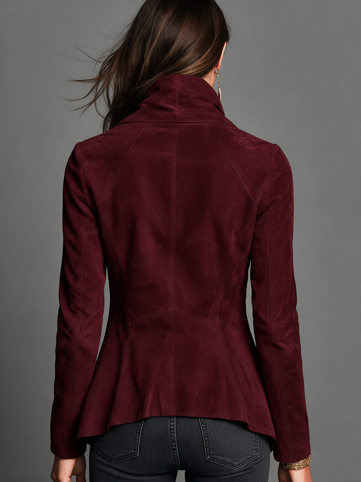 Women's Casual Long-sleeve Deep Burgundy Suede Jacket