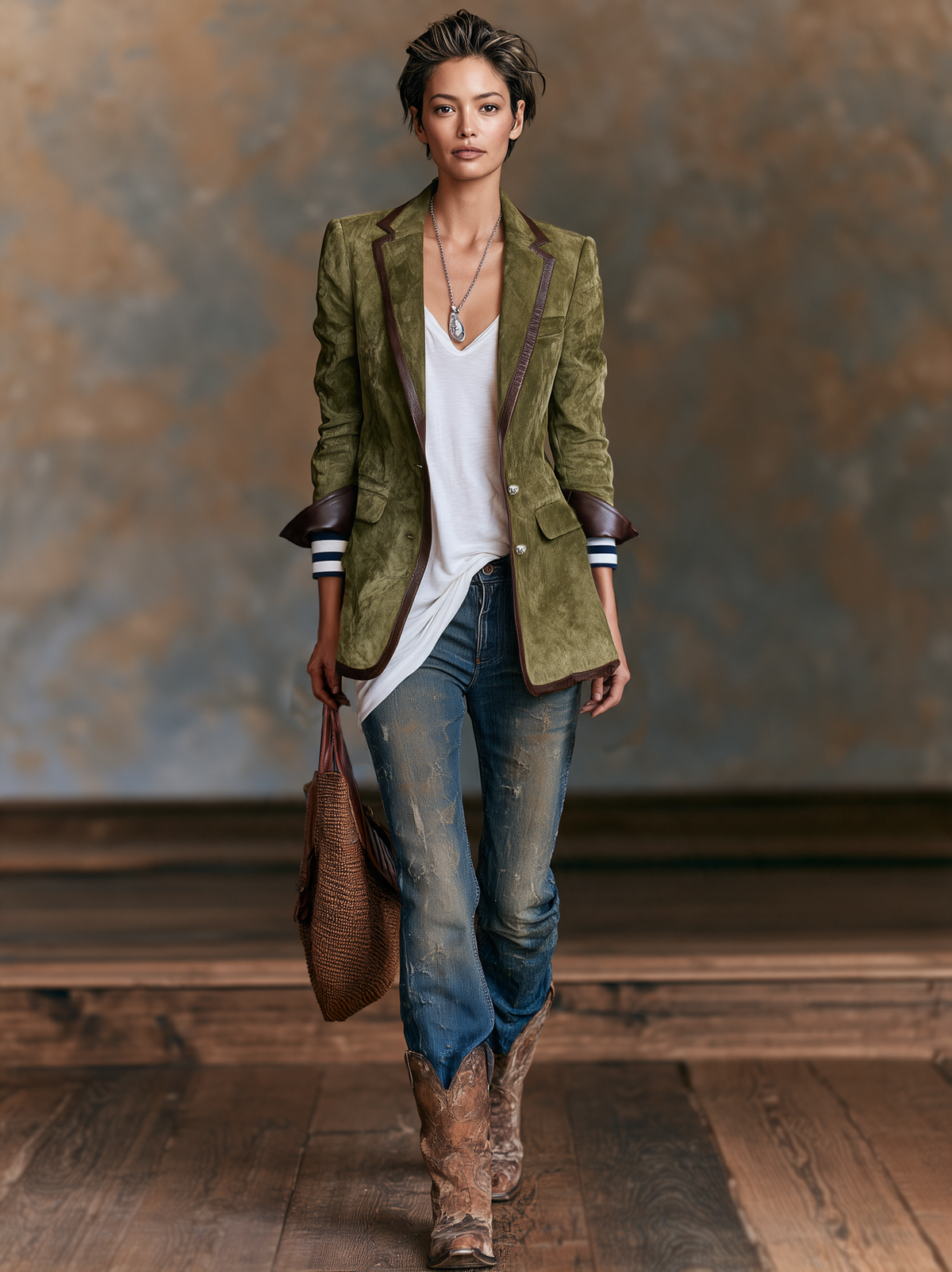 Women's Vintage-style Faux Suede Blazer With Red Leather Trim MDZ2570H7WY