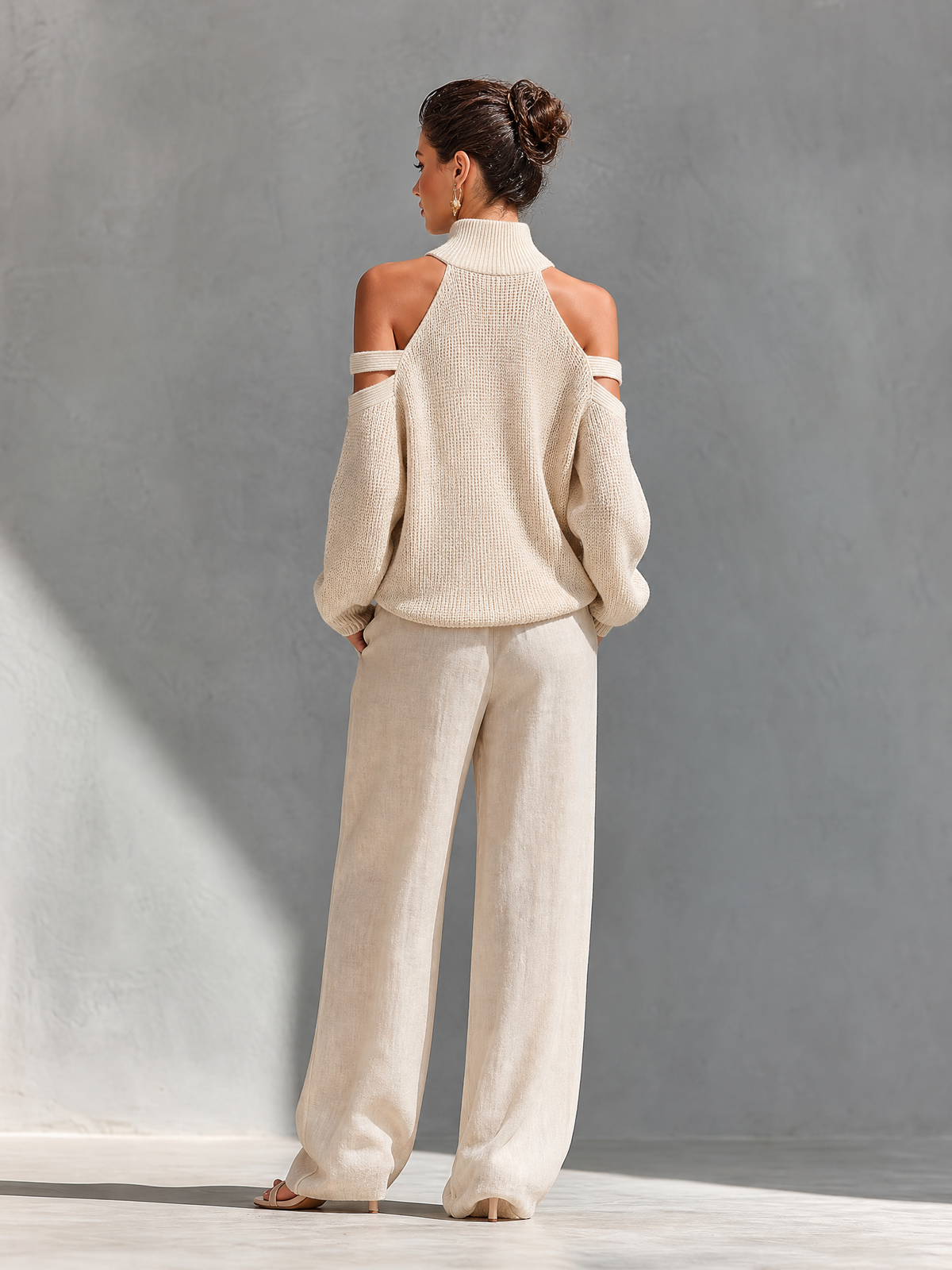 Women’s Beige Openwork Knit Cold Shoulder High Neck Sweater MDZ1262A7T