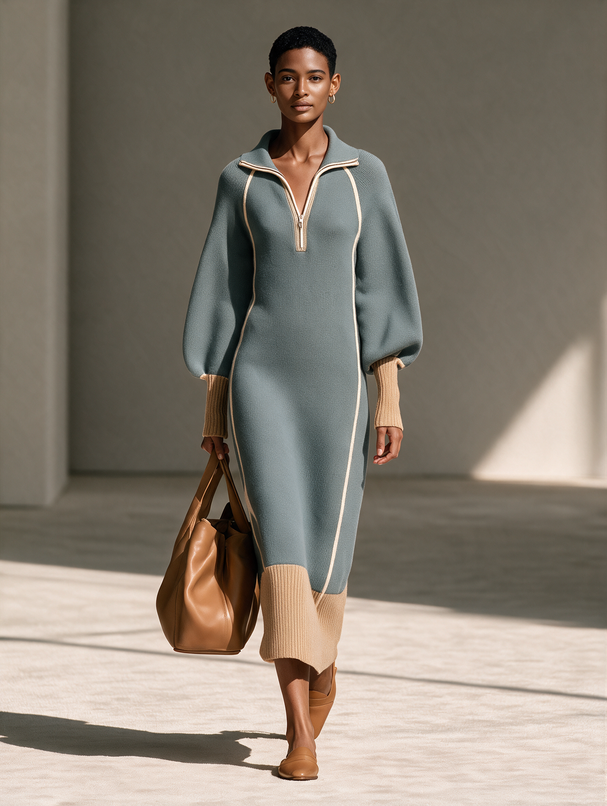 Women's Grey-Blue Collared Half-Zip Contrast-Piping Blouson-Sleeve Wool-Knit Maxi Dress