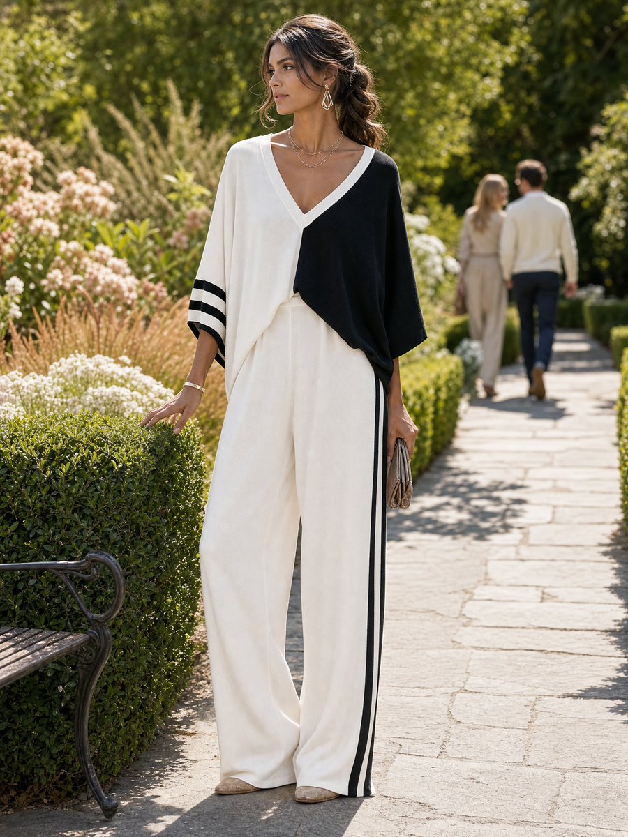 Women's Color-Blocked Casual Sweater And Wide-Leg Pants Set