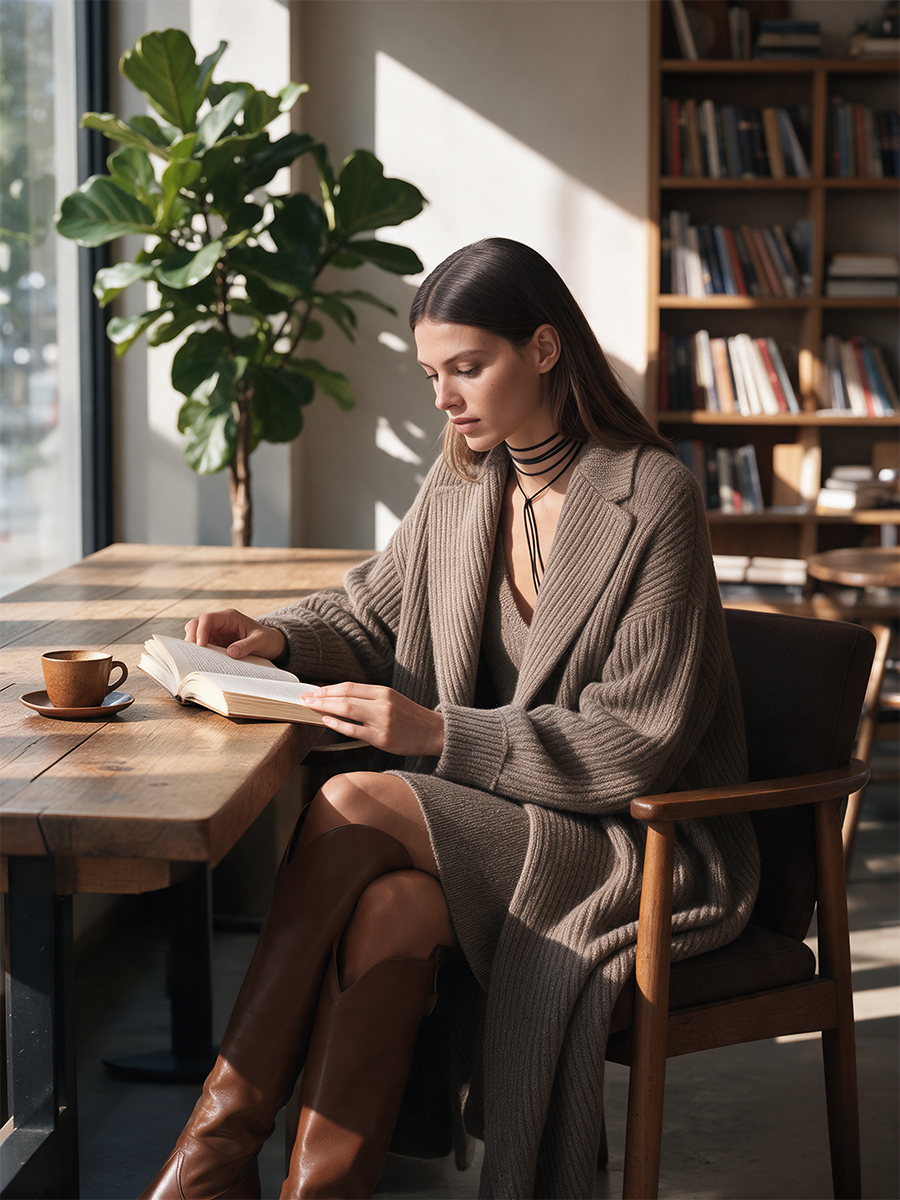 Women's Lapel Drop-Shoulder Blouson-Sleeve Chunky-Rib Open-Front Longline Wool-Knit Coat