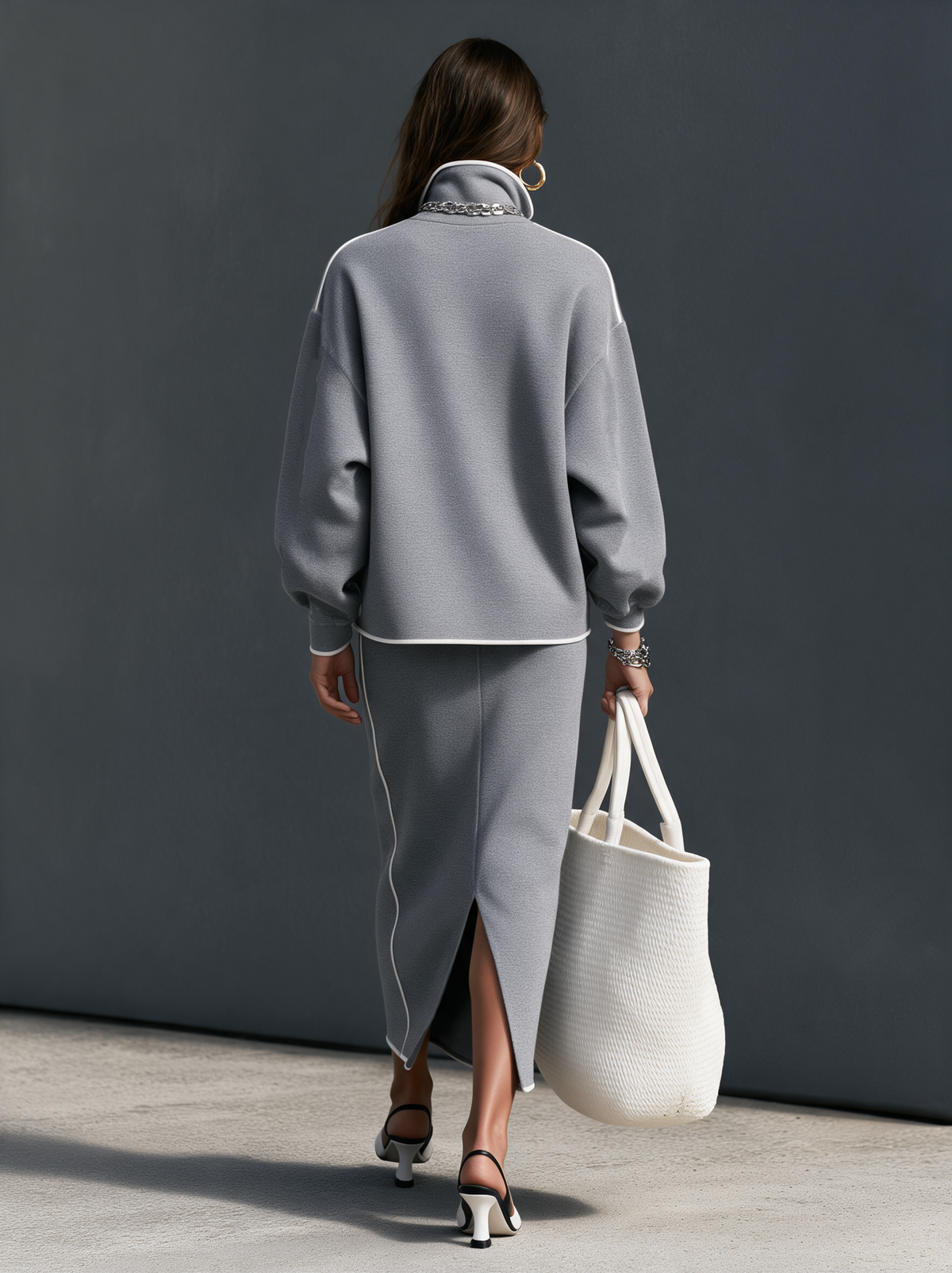 Women's Casual Grey Scuba-Knit Long-Sleeve Top And Skirt Two-Piece Set MDZ0832I3LXY