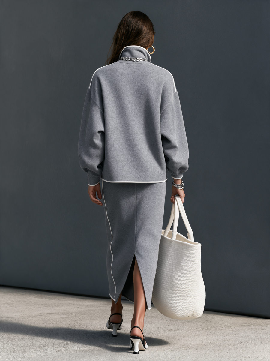 Women's Casual Grey Scuba-Knit Long-Sleeve Top And Skirt Two-Piece Set MDZ0832I3LXY