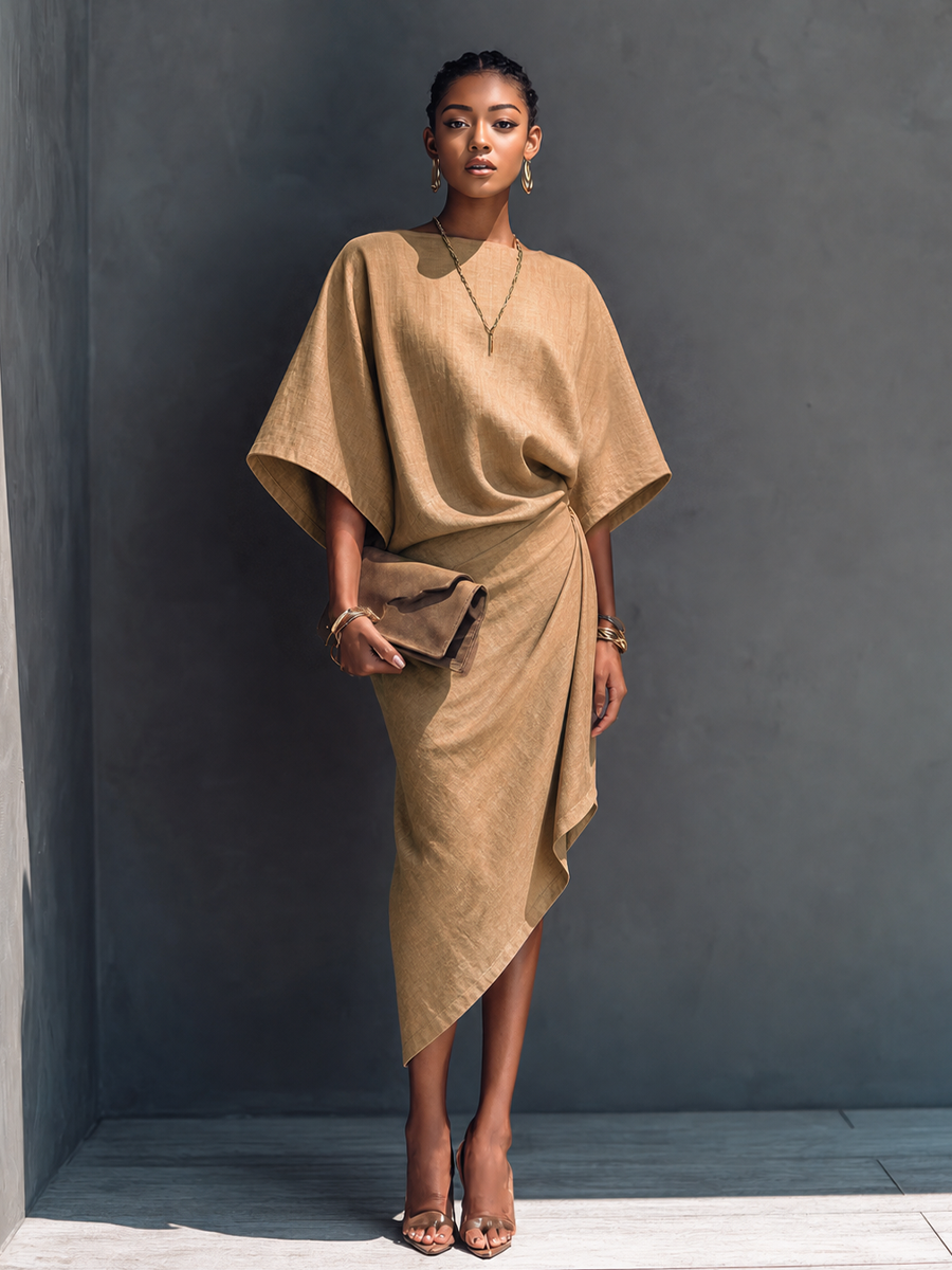 Women's Modern Minimalist Khaki Linen Blend Draped Asymmetric Short Sleeve Midi Dress MDZ0344G8GMJ