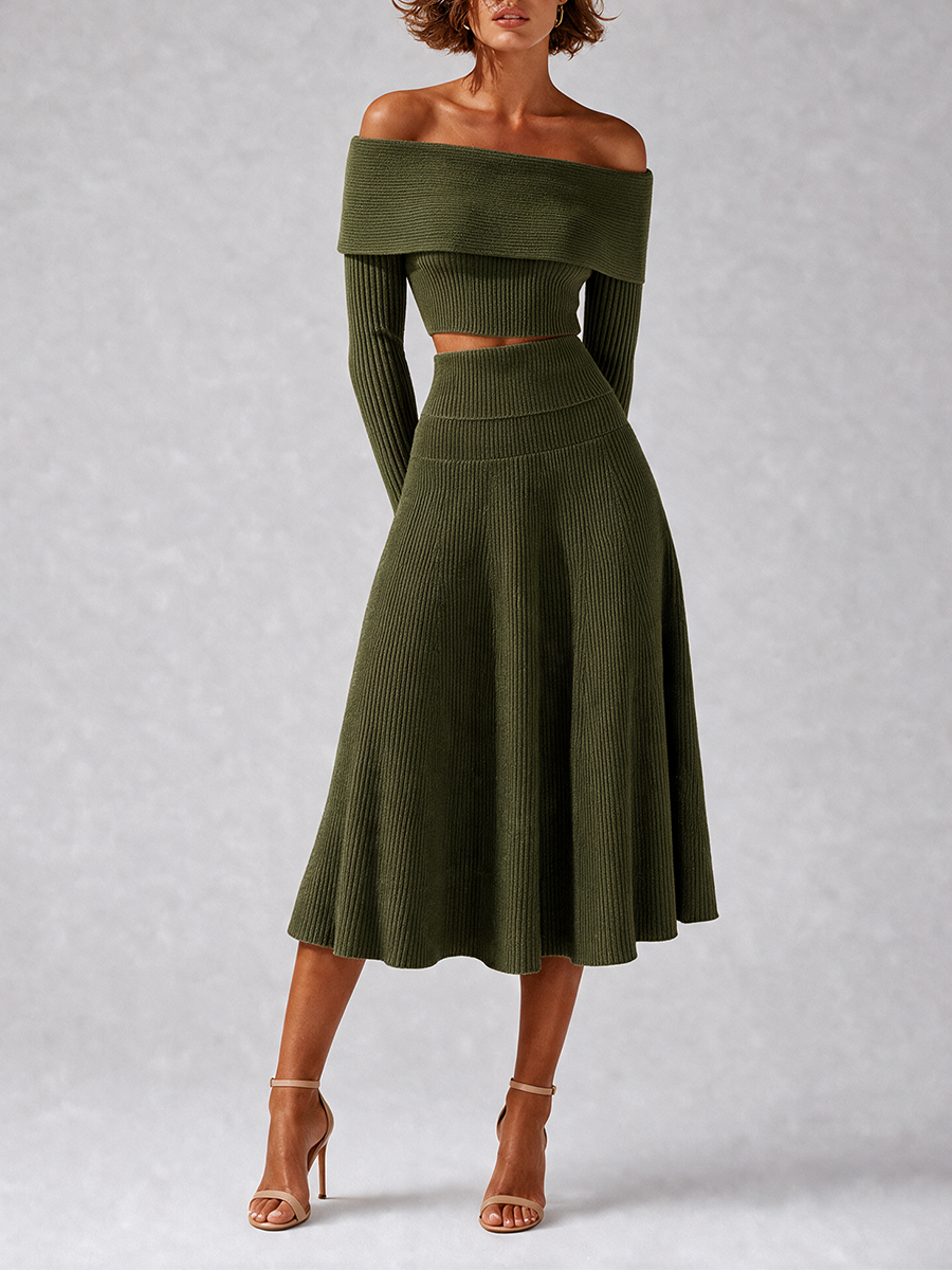 Women's Elegant Green Ribbed-Knit Off-Shoulder Crossover-Neck Long-Sleeve Cropped Top & High-Waisted A-Line Midi Skirt Set MDZ2462G3CMX