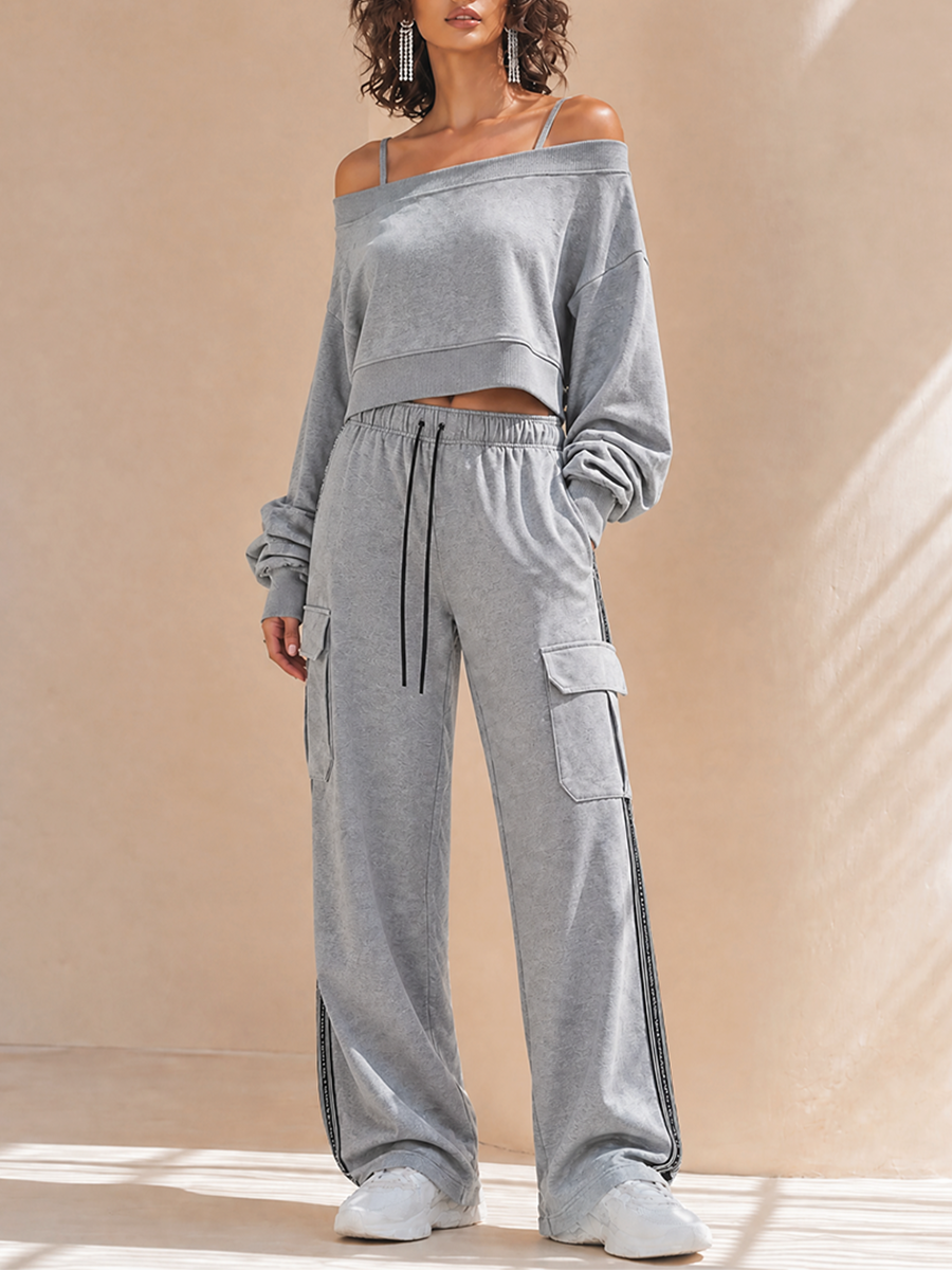 Women's Casual Off-Shoulder Cami Dropped-Shoulder Long-Sleeve Cropped Sweatshirt & Drawstring Cargo Wide-Leg Trouser Set MDZ2080H0CMX