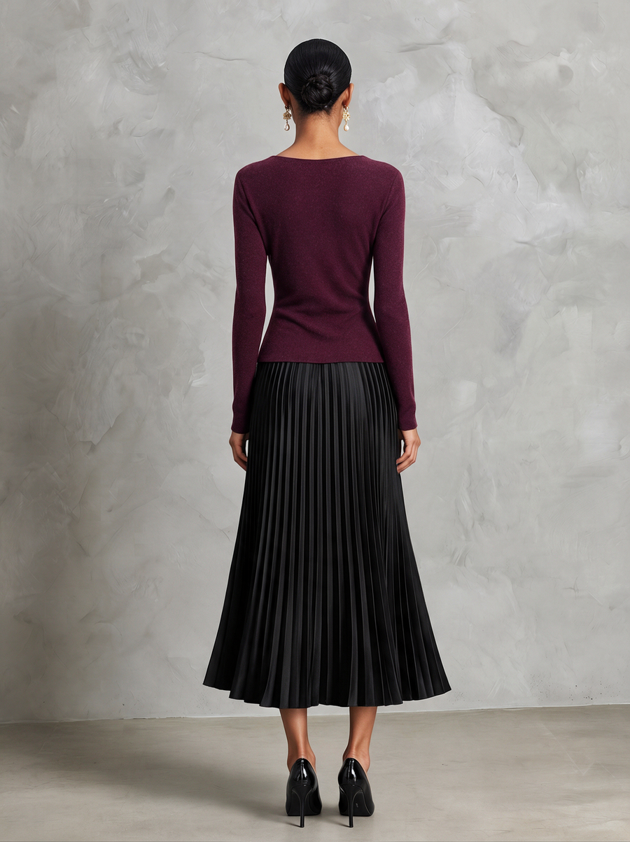 Women's Casual Two-Piece Set Featuring A Burgundy Stretch Knit Top And A Black Pleated Skirt