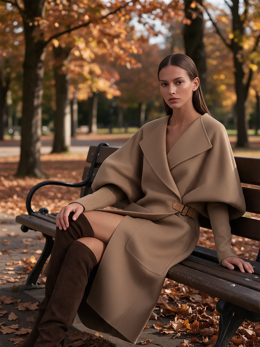 Women's Oversized-Lapel Cocoon Puff-Sleeve Leather-Buckle Belted Patch-Pocket Longline Wool Coat