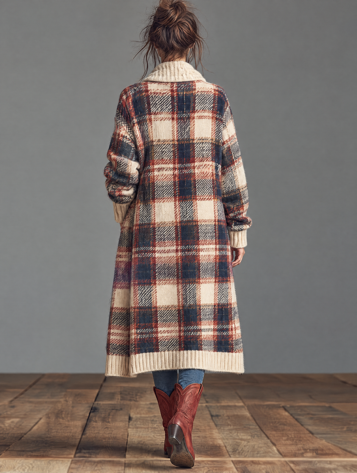 Women's Vintage Plaid Jacquard Shawl-Collar Toggle Cardigan