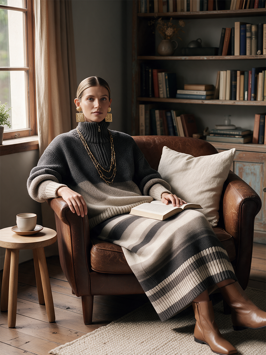 Women's Half‑Zip Turtleneck Gradient Stripe Oversized Sweater & Knit Maxi Skirt Set