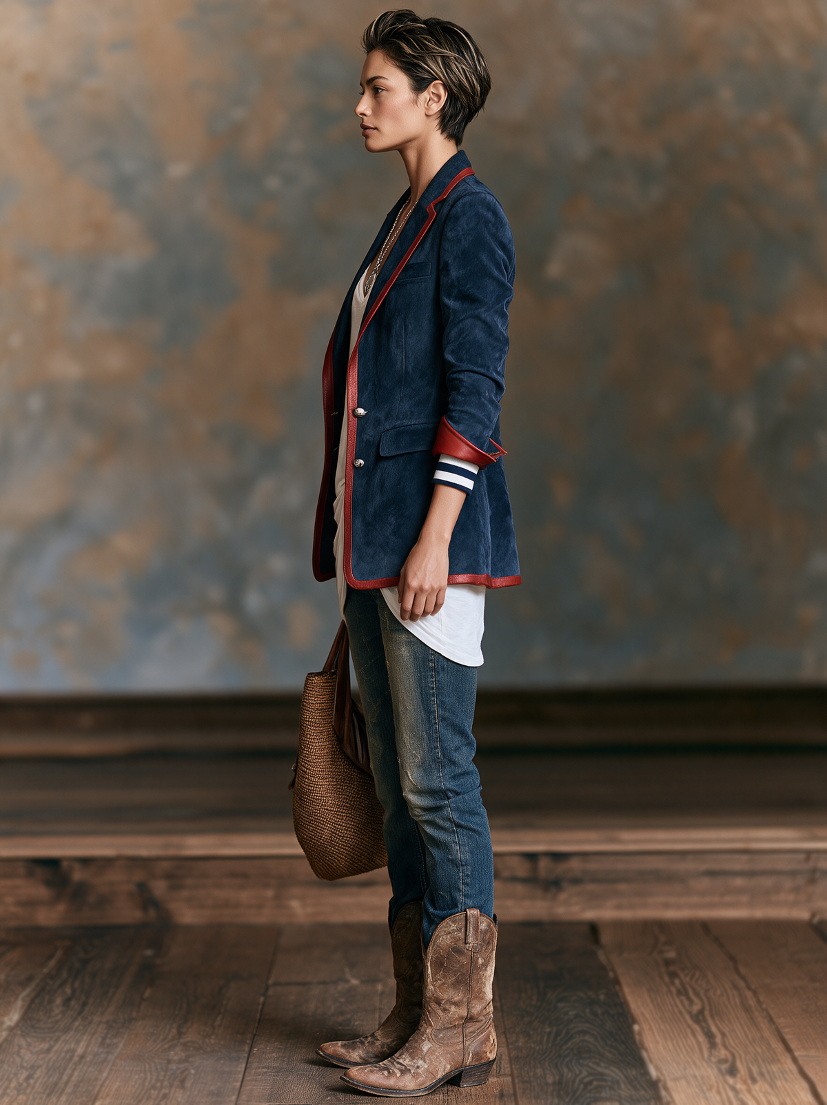 Women's Vintage-style Faux Suede Blazer With Red Leather Trim MDZ2570H7WY