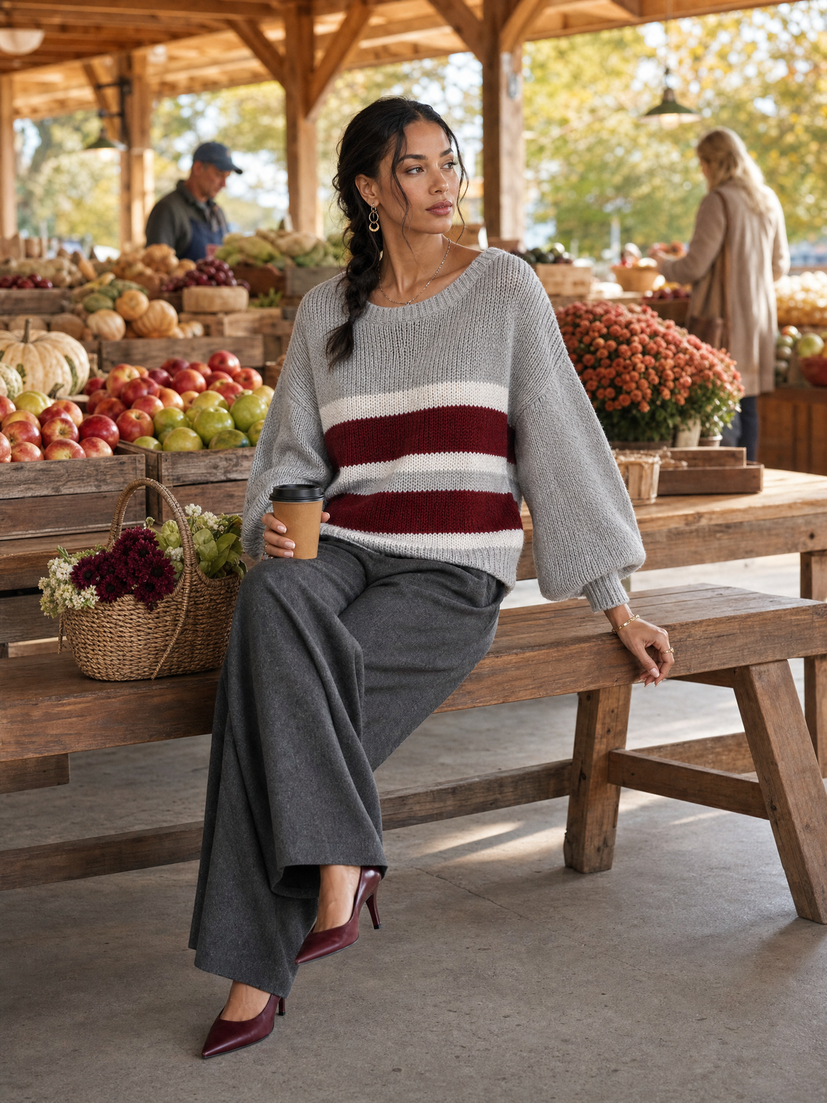 Women's Contrast Stripe Casual Round Neck Pullover Sweater