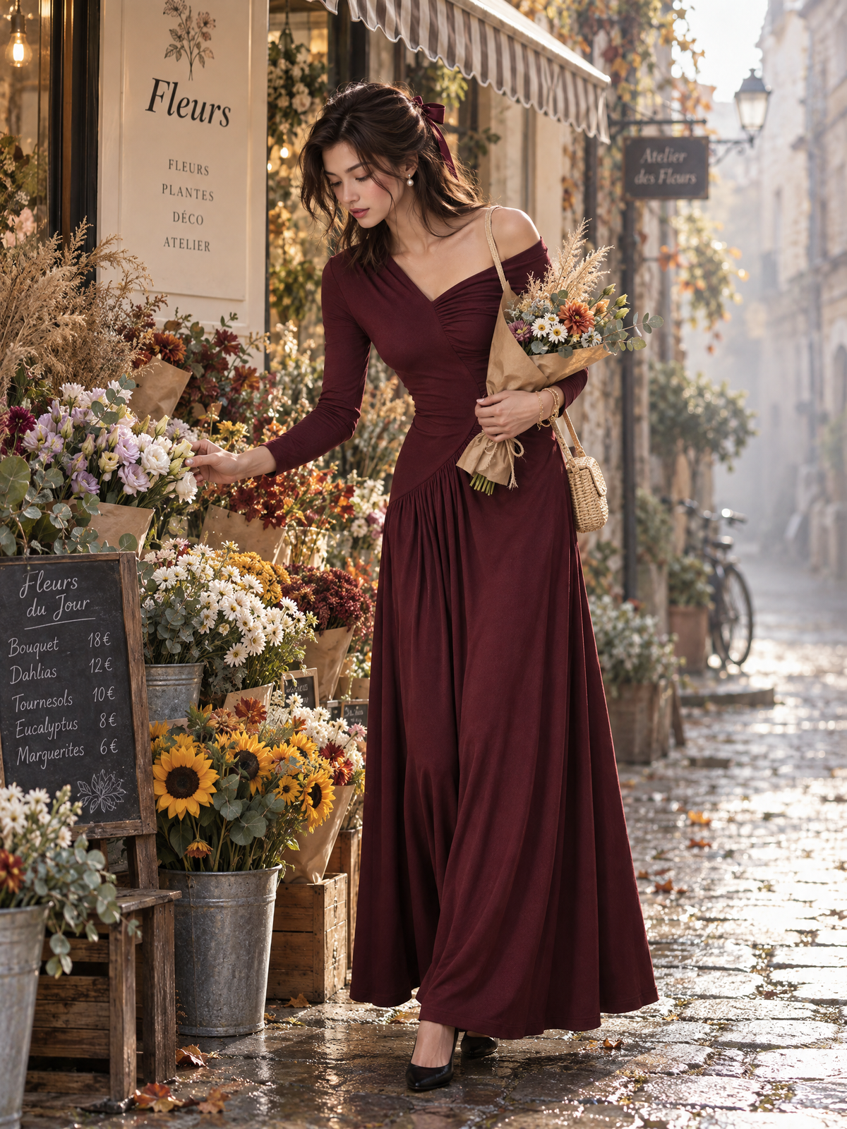 Women‘s Asymmetric One Shoulder Ruched Long Sleeve Maxi Dress
