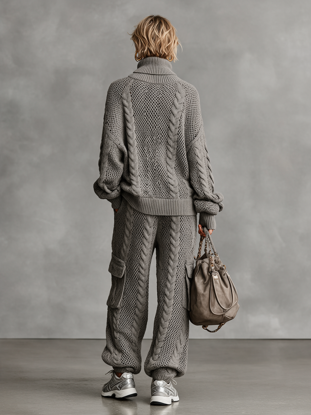 Women's Casual Cable Knit Turtleneck Sweater Cargo Pants Set MDA0958I2Y