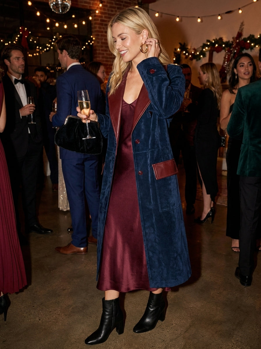 Women's Vintage Single-Breasted Coat With Velvet Panels And Leather Collar