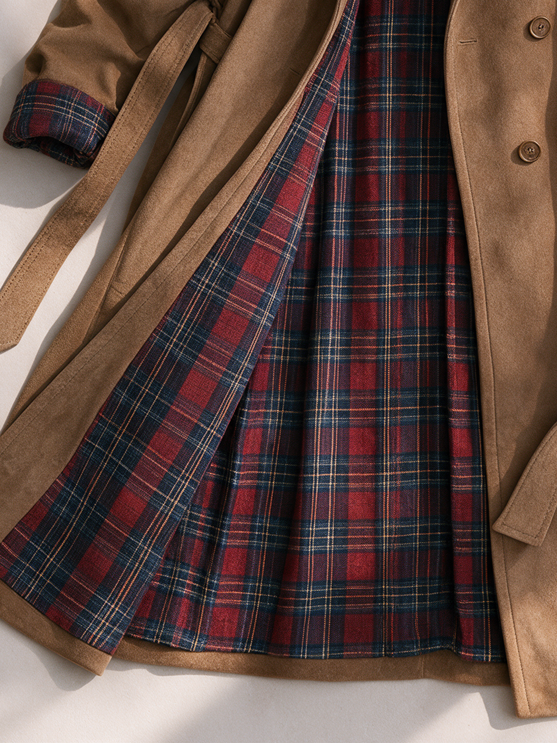 Women's Vintage-Style Suede Double-Breasted Coat With Plaid Lining