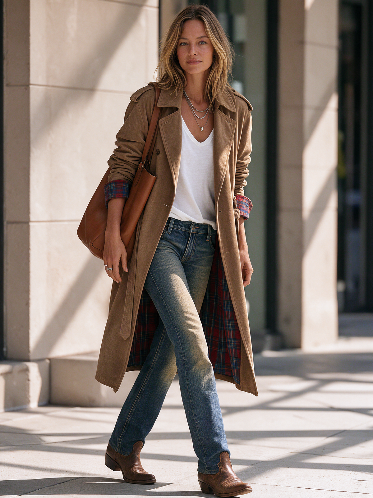 Women's Vintage-Style Suede Double-Breasted Coat With Plaid Lining