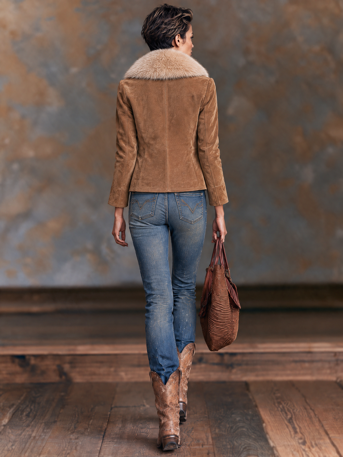 Women's Vintage-Style Suede Jacket (Detachable Fur Collar)