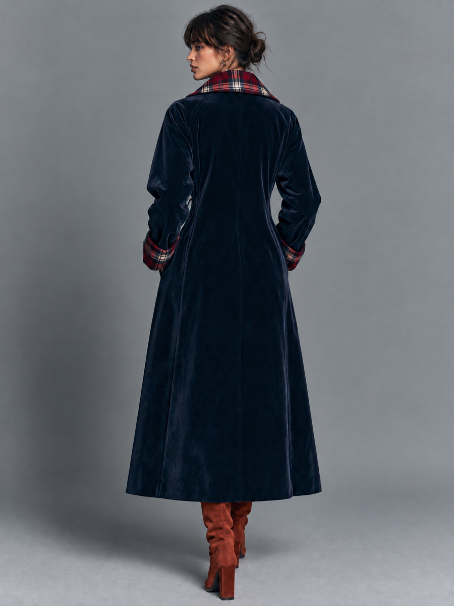 Women's Double-Breasted Coat With Vintage Velvet Paneling And Plaid Lining