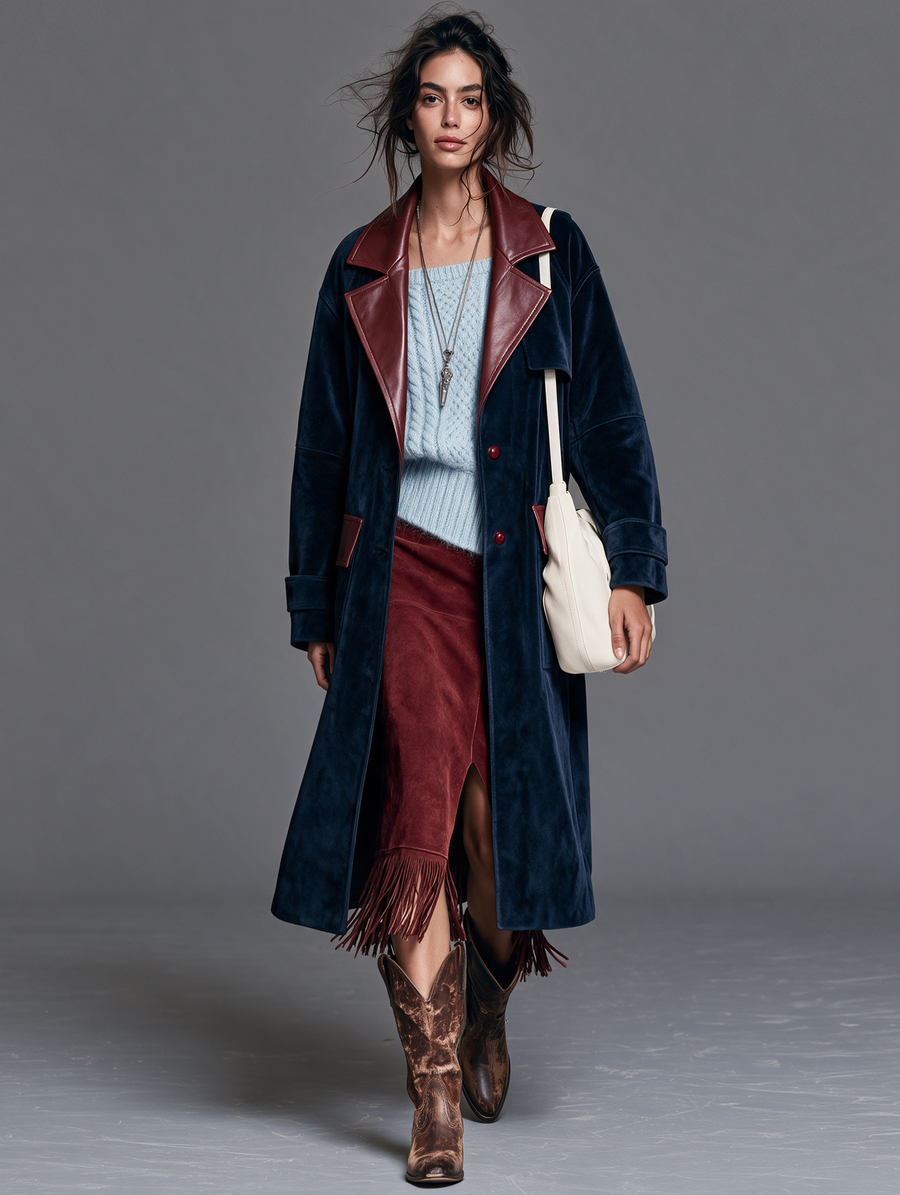 Women's Vintage Single-Breasted Coat With Velvet Panels And Leather Collar