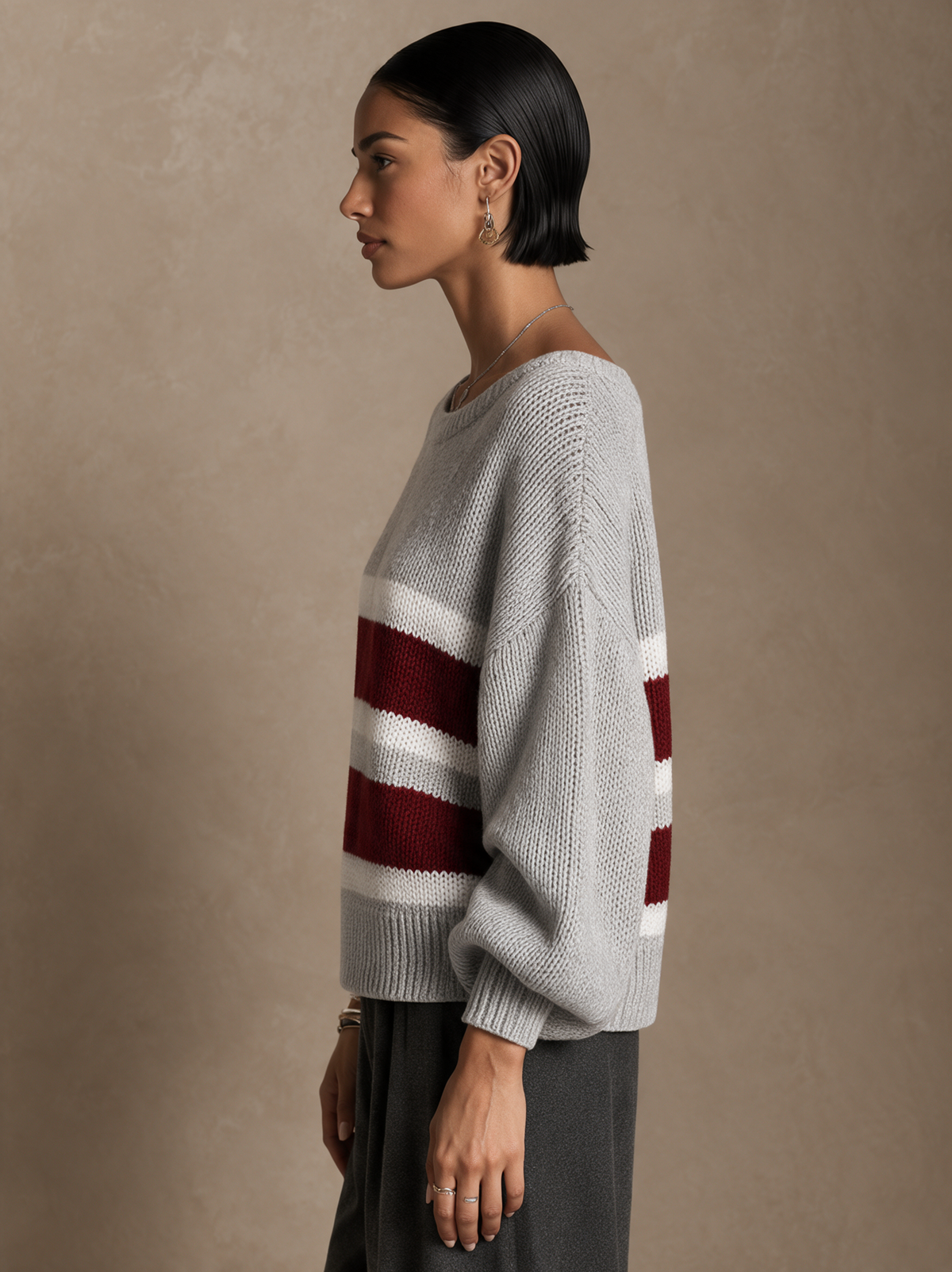 Women's Contrast Stripe Casual Round Neck Pullover Sweater