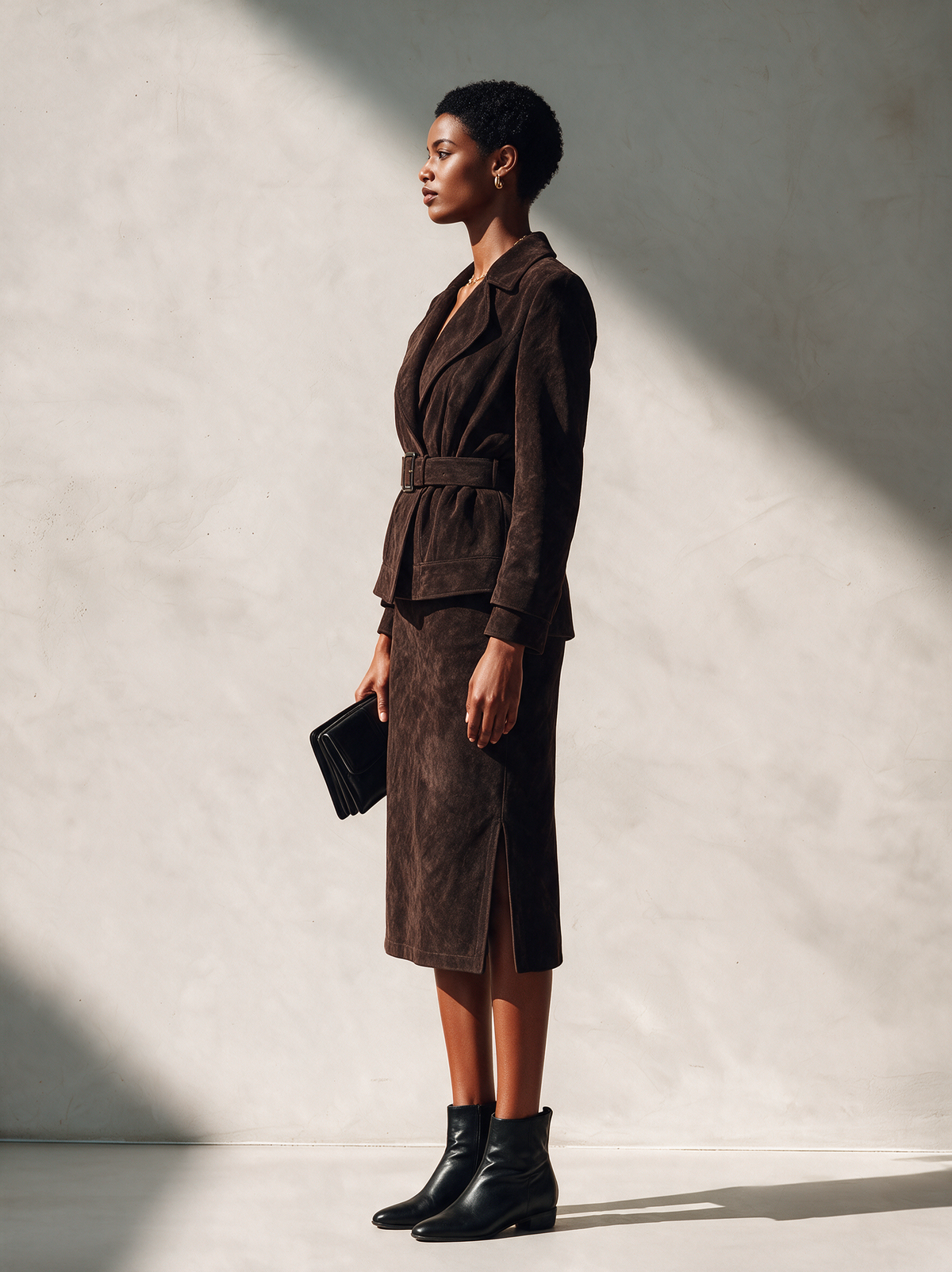Women's Elegant Faux Suede Skirt Set With Lapel Jacket And Belt MDZ0433I5ZRK