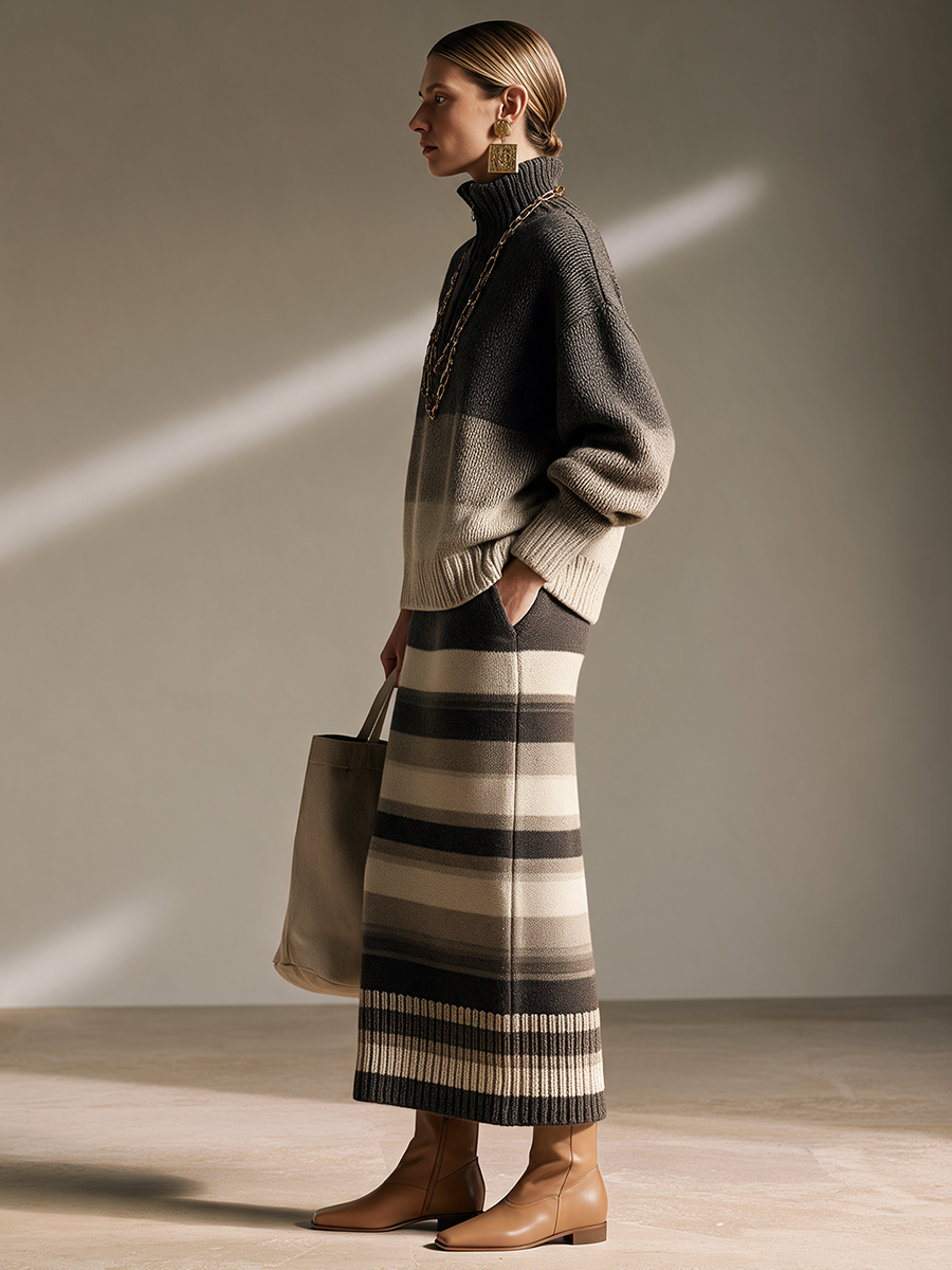 Women's Half‑Zip Turtleneck Gradient Stripe Oversized Sweater & Knit Maxi Skirt Set